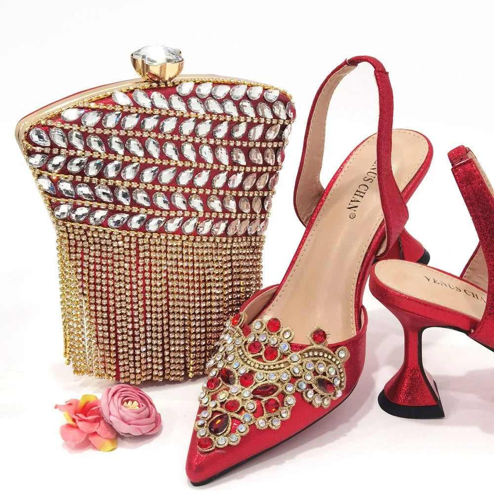 2024 Gold New Shoes For Women Designer Pointed-Toe Luxury Wedding Peach Color Hollowed Out Design Bag and Shoes Matching Set