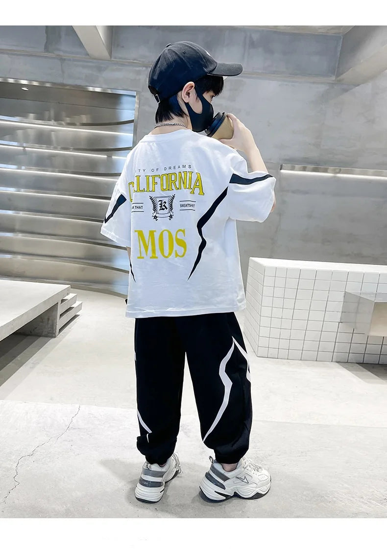 Summer Boys Cotton Alphabet Lightning T-Shirt Tops+Sweatpant School Kids 2PCS Tracksuit Child Jogger Outfit Workout Set 5-14 Yr