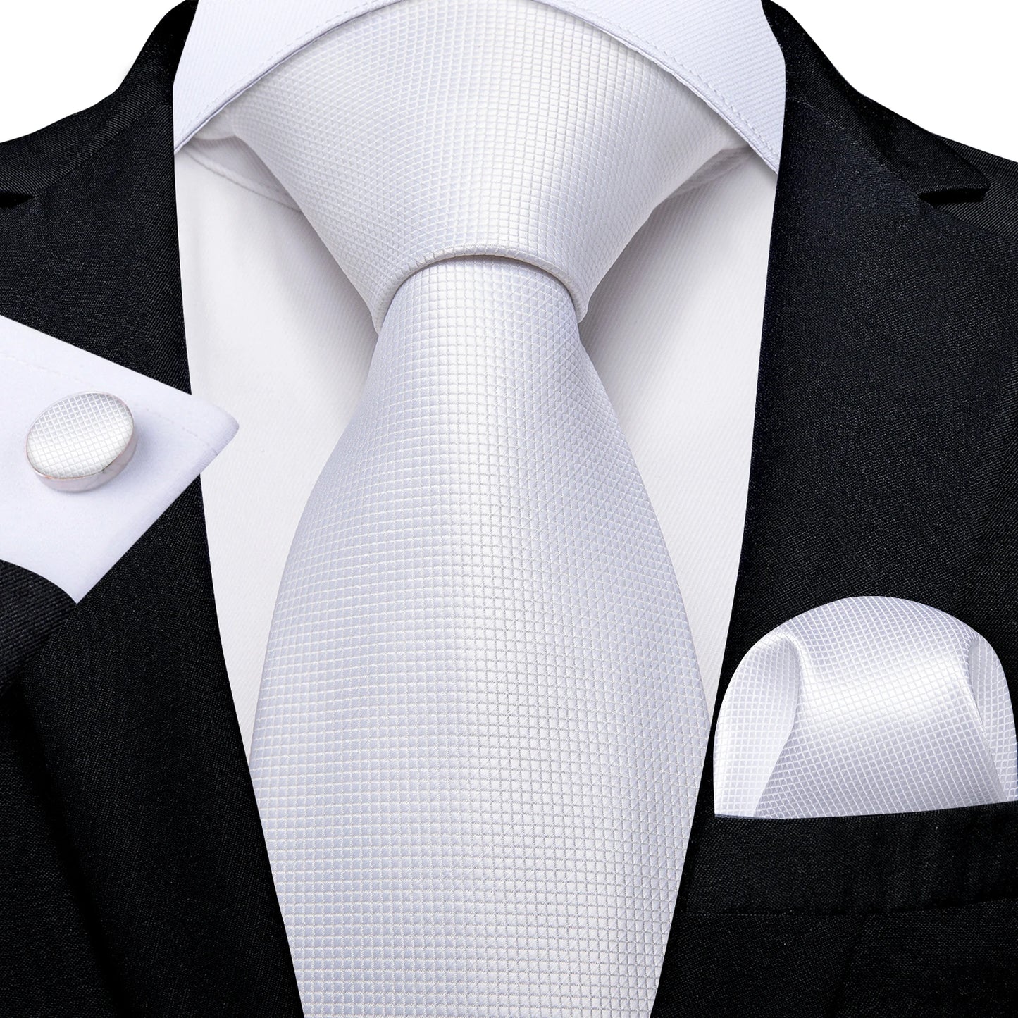 Solid Black Plaid Men's 8cm Polyester Neck Tie Handkerchief Cufflinks Set with Gift Box Tie Clip Birthday Anniversary Gift