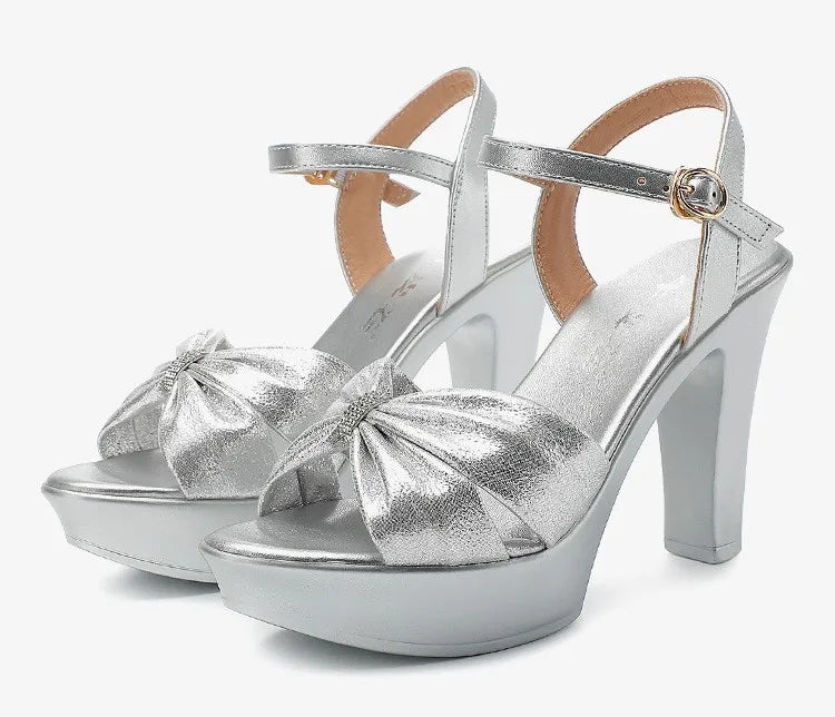 Plus Size 32-43 Elegant Silver Red Wedding Shoes Women Platform Sandals Summer 2025 Block High Heels Leather Sandals Model