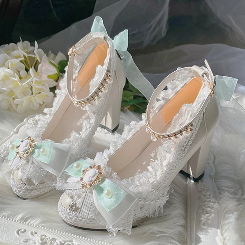 Original Handmade Lolita High Heels Heavy Industry Feather Stitching Pearl Bow Lace Platform Shoes Round Head Princess Heels