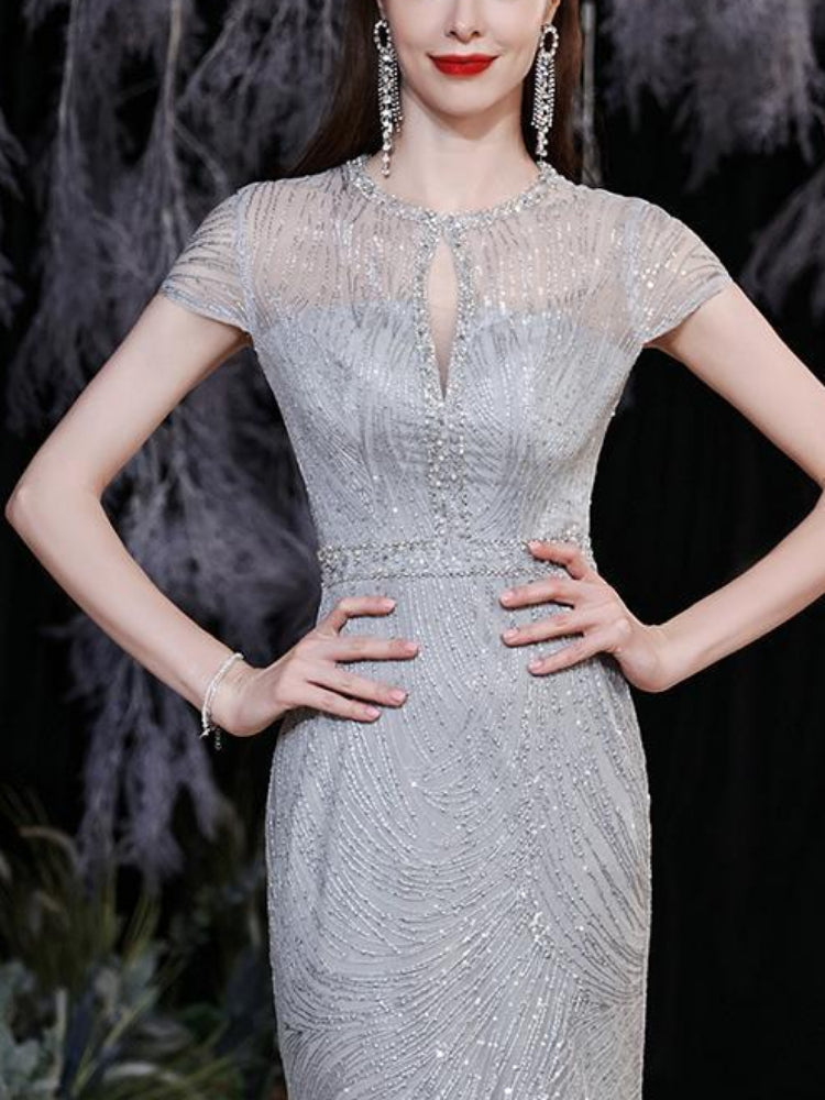 Customized O-neck Sequined Slim Fit Simple Elegant Evening Dresses Sleeveless Wedding Party Vestidos Temperament Elegant Trumpet