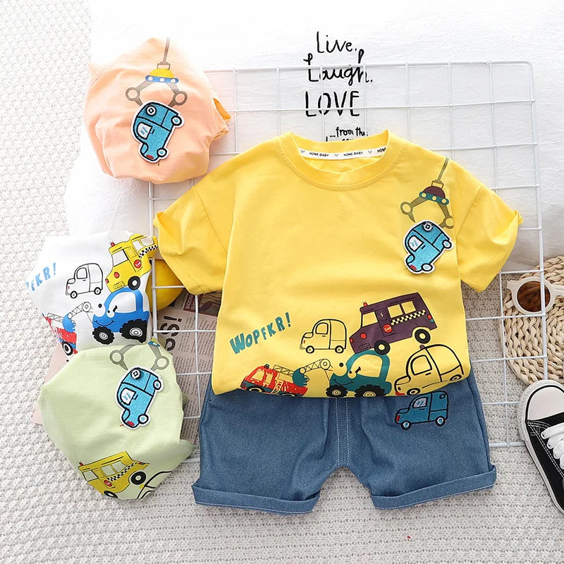 Kids Baby Boys/Girls Summer Clothes Kids Cartoon Car Cotton T-shirt Denim Shorts 2Pcs Suit Children's Wear Leisure sports Sets