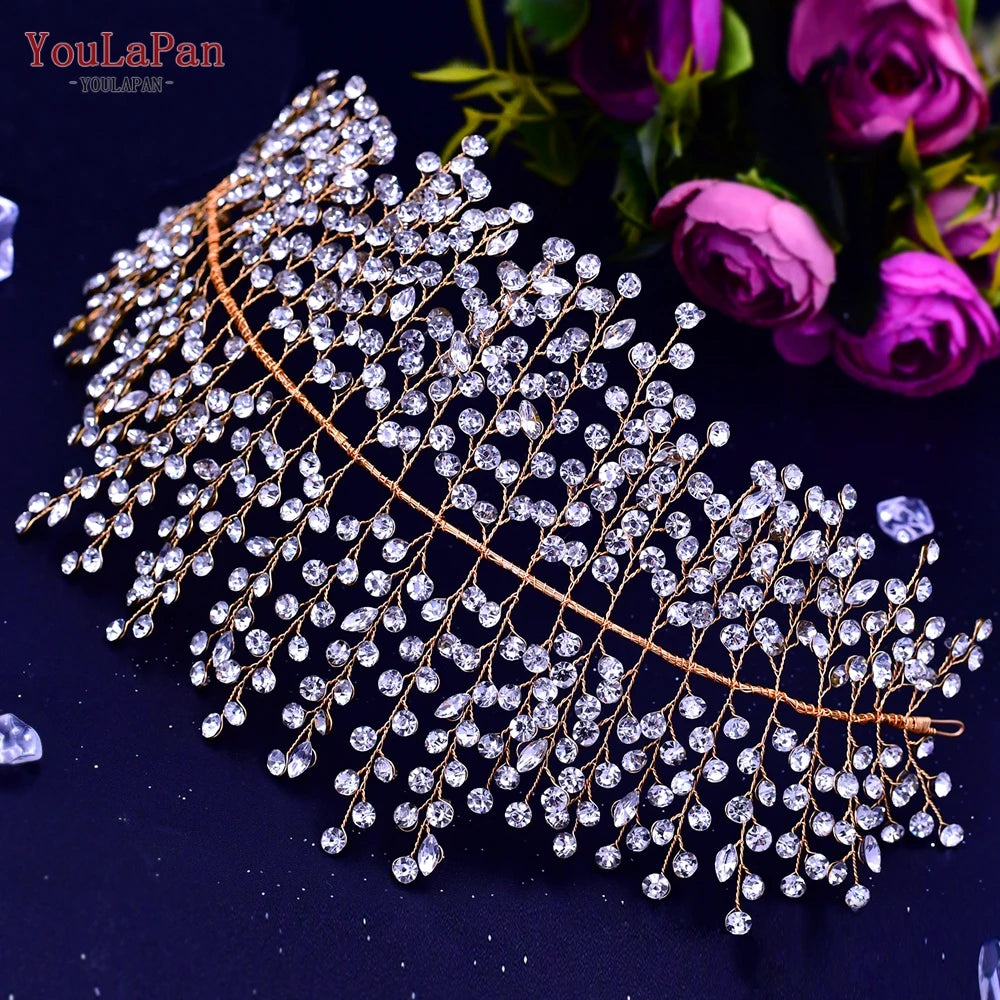 YouLaPan Golden Wedding Crystal Headband Hair Accessories Woman Wedding Hair Jewelry Rhinestone Bridal Tiara and Headdress HP240