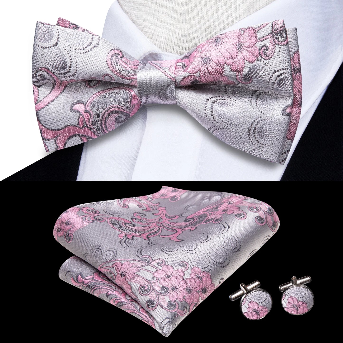 Hi-Tie Pink Dot Silk Mens Pre-tied Bow Tie Hanky Cufflink Set Dusty Pink Butterfly Knot Bowtie for Male Wedding Business