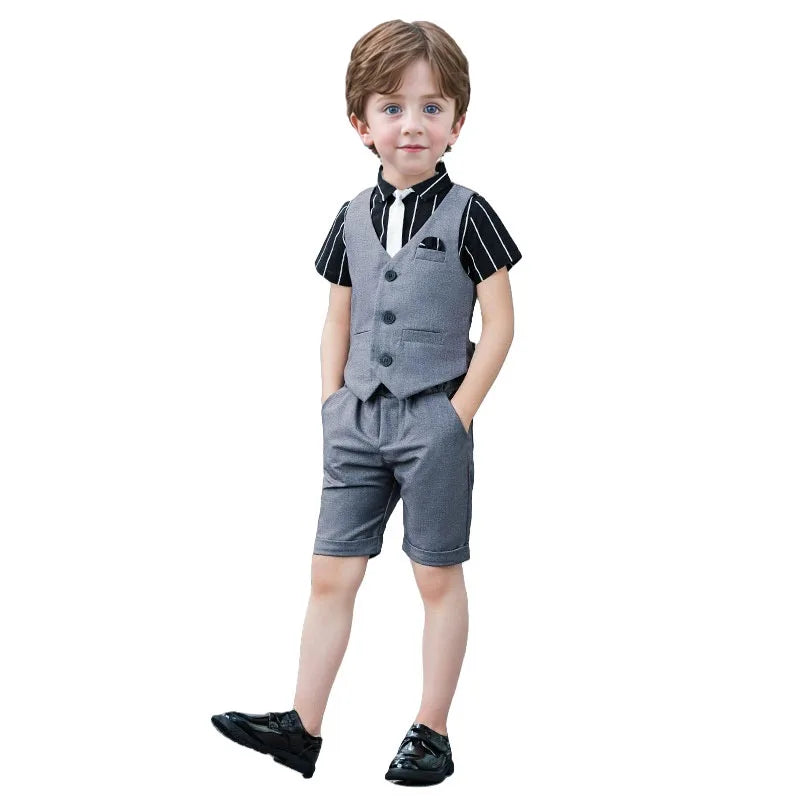 Boys Summer Vest Dress 3Pieces/Set Vest Shorts Bowtie Photograph Suit School Performance Clothing Set Children Wedding Custome
