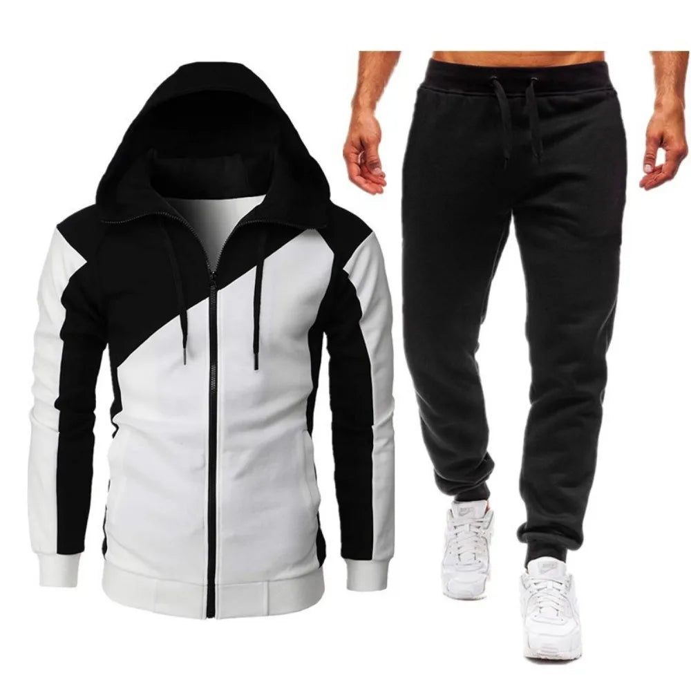 Men's Sets, Athletic two-tone patchwork jacket, long sleeves and long pants, hooded casual sports men's suit