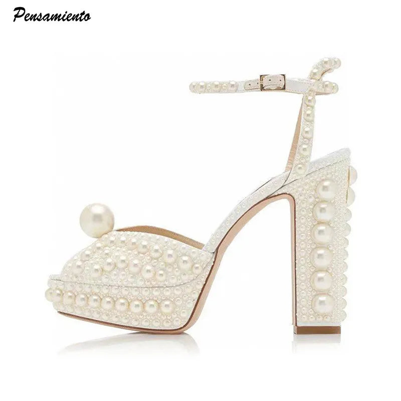 Fully Handmade Luxury Pearls Thick Heeled Peep toe Women Sandals Summer Fashion Platform Wedges High heels Wedding Banquet Shoes