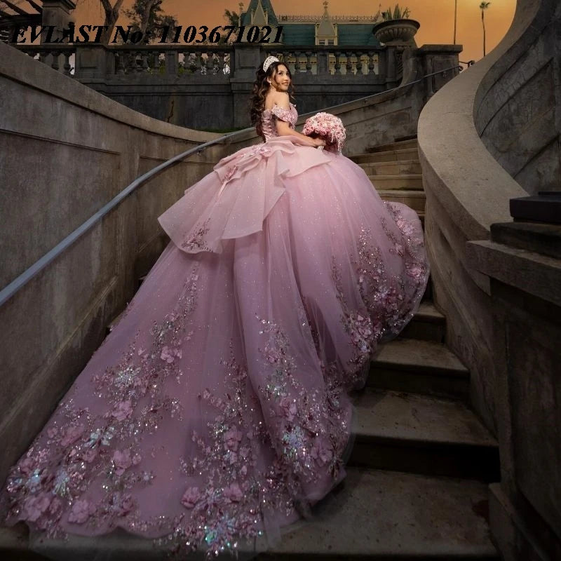 EVLAST Customized Pink Quinceanera Dress Ball Gown 3D Floral Applique Beading Tiered Corset Sweet 16 Vestidos De XV 15 Anos SQ88