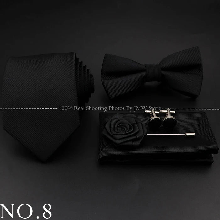 Hot Sale Red Blue Tie Set Polyester Slim Striped Necktie Bowtie Cufflink Brooch For Groom Suit Wedding Cravat Shirt Accessory