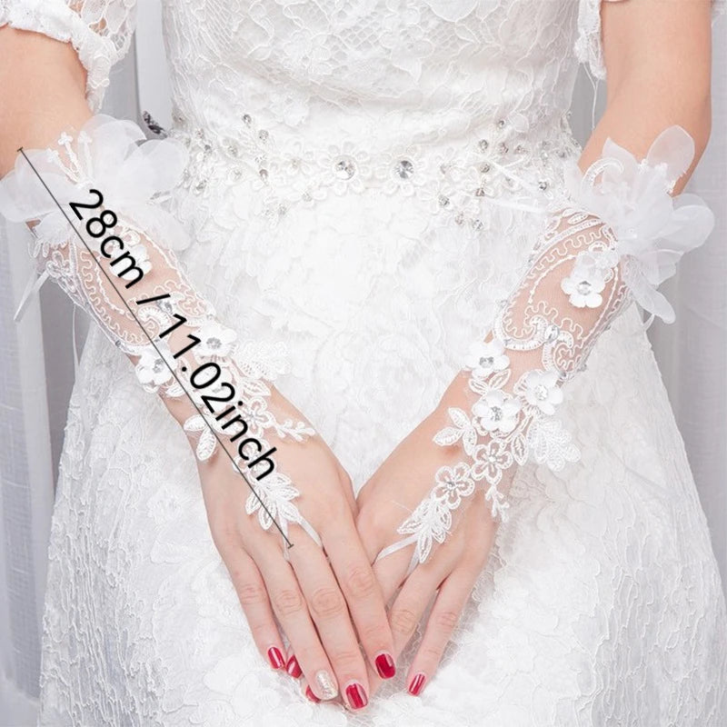 Bridal Gloves Fingerless for Wedding Ivory White Floral Rhinestone Lace Short Party Prom Tulle Crystal Ladies Girls
