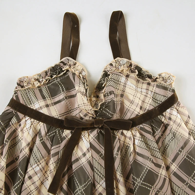 Sweet Plaid Bow Cute Simple Camisole Dresses Tops Fashion All-Match Retro Women Home Clothing