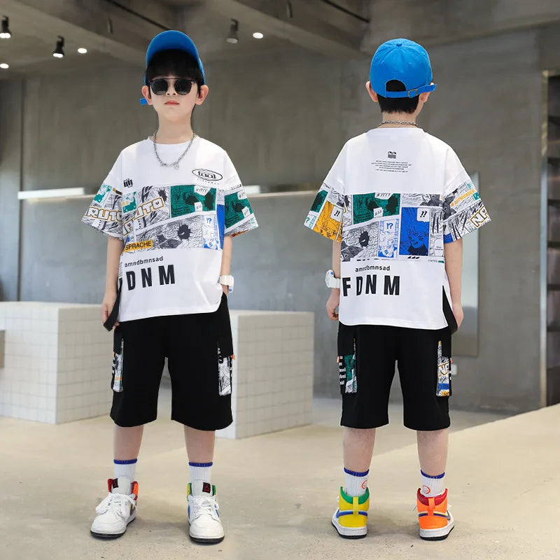 Summer Boys Cotton Alphabet Picture Printed T-Shirt Tops+Shorts Pant School Kids 2PCS Tracksuit Child Outfits Workout Set 3-16Yr