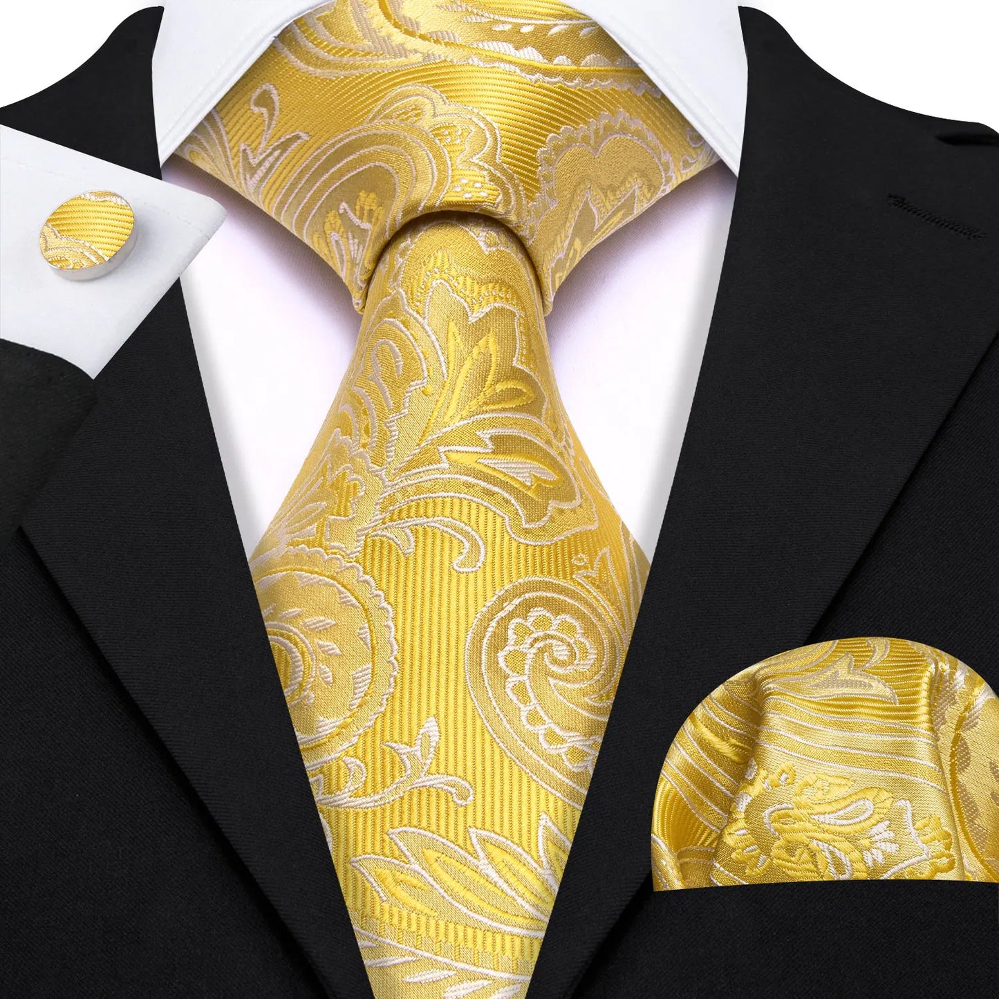 Barry.Wang Gold Silk Mens Tie Hanky Cufflinks Set Yellow Beige Orange Luxury Jacquard Necktie For Male Wedding Business Party