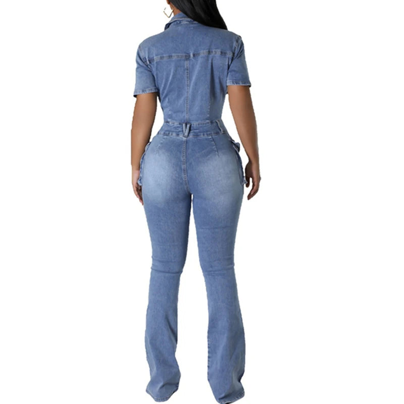 Casual Slim Short Sleeve Stretch Stir Fried Floral Washed Denim Jumpsuit Jeans Playsuit Cotton Flared Pants Jump Suit Overalls