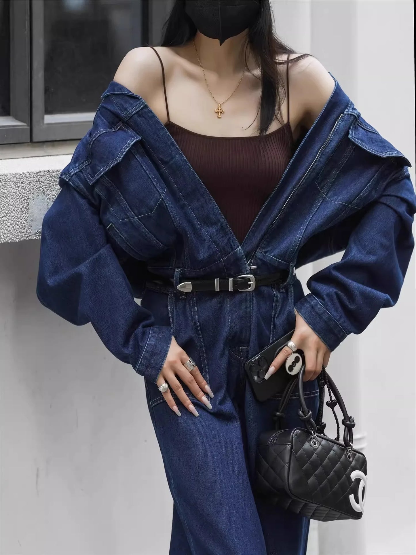 Blue Design Denim Jumpsuit Women'S Spring And Autumn Collar Fashionable Workwear Large Pocket Loose Pants