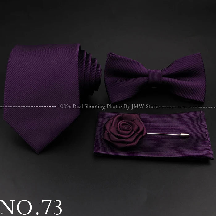 Hot Sale Red Blue Tie Set Polyester Slim Striped Necktie Bowtie Cufflink Brooch For Groom Suit Wedding Cravat Shirt Accessory
