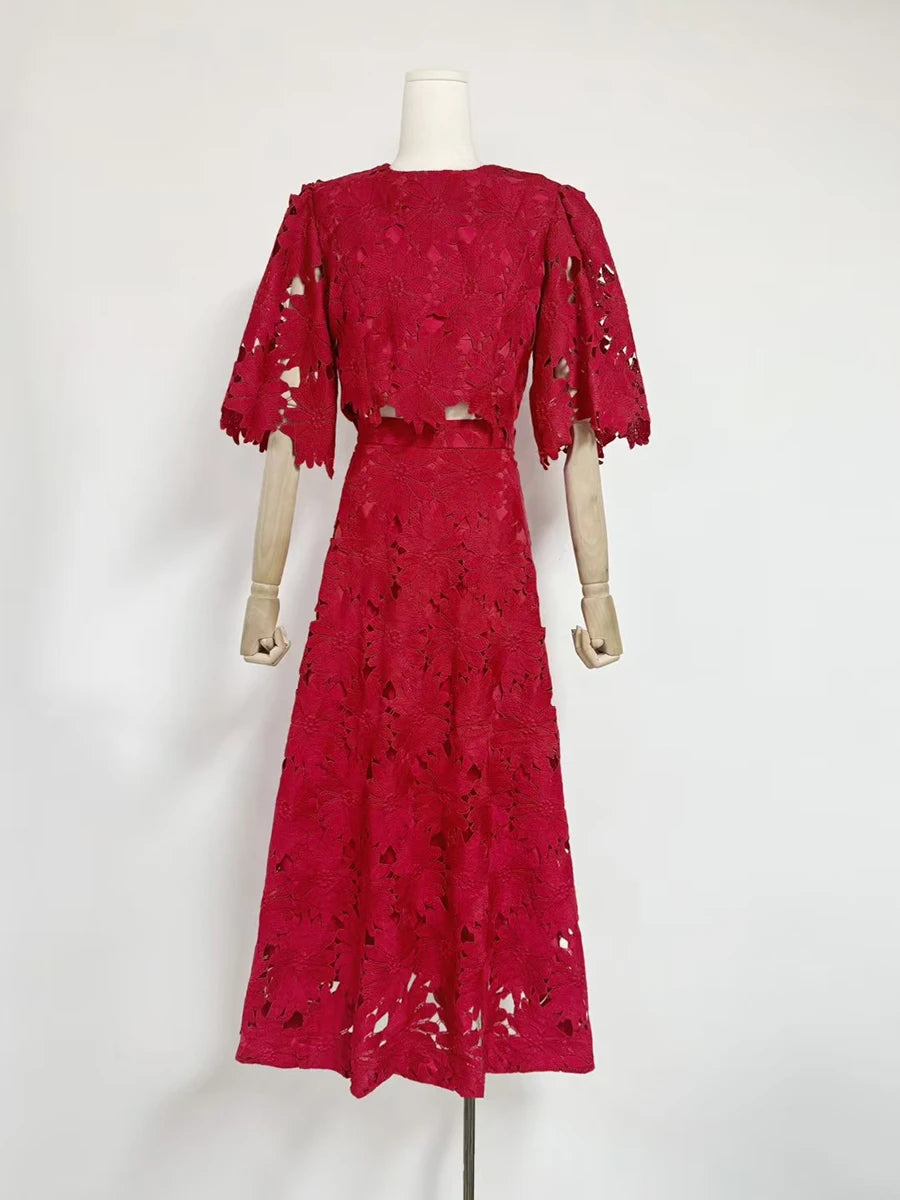 VGH Embroidery Two Piece Set for Women O Neck Batwing Sleeve Top High Waist Hollow Out A Line Long Skirt Elegant Suit Female New