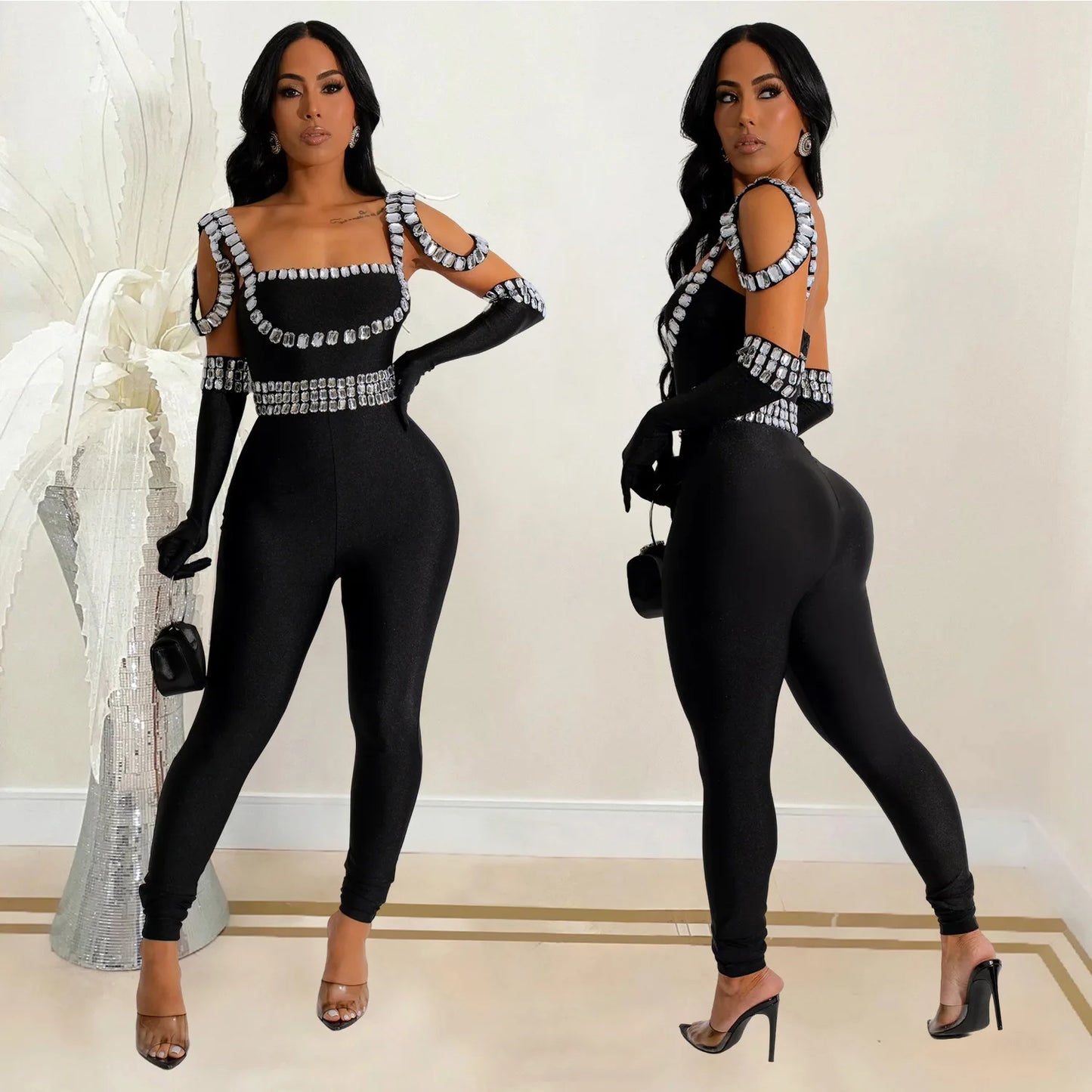 CM.YAYA Women Diamonds Hot Rhinestones Sexy Strap Long Sleeve Jumpsuits Streetwear Club One Piece Overall Rompers with Gloves
