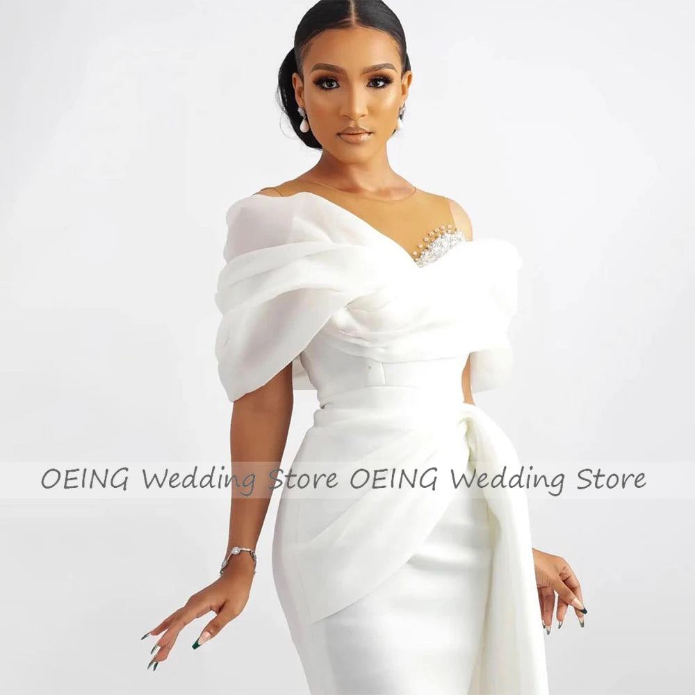 Short Wedding Dress White Off the Shoulder Sheath/Column Wedding Gown for Women 2023 Bride Knee Length Beaded Simple Bridal Gown