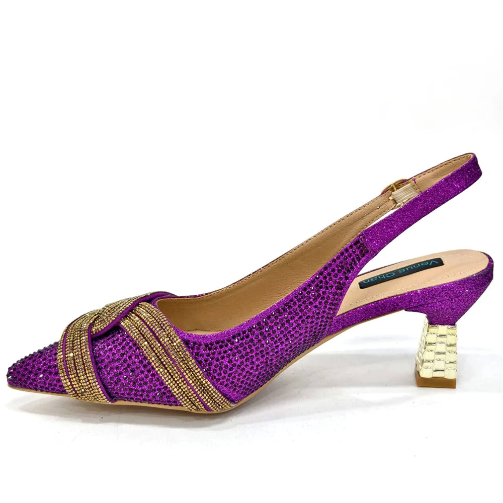 Venus Chan 2024 Special Design High Quality Orange Color African Women Shoes and Bag Set with Shinning Crystal for Wedding Party