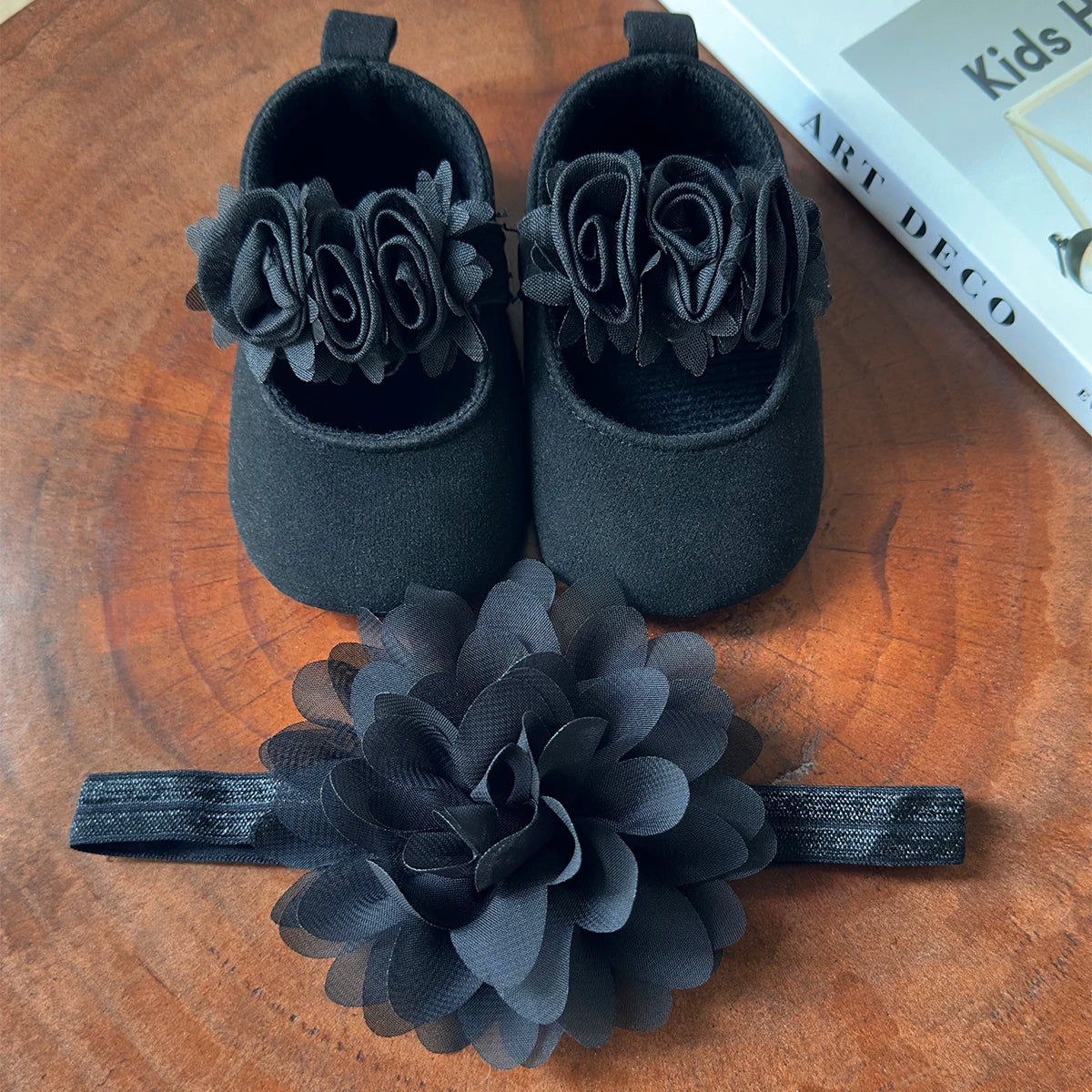 2pcs Baby Girls Flat Shoes With Flower Decor Princess Crib Shoes First Walker Shoes & Headband For Newborn Infant