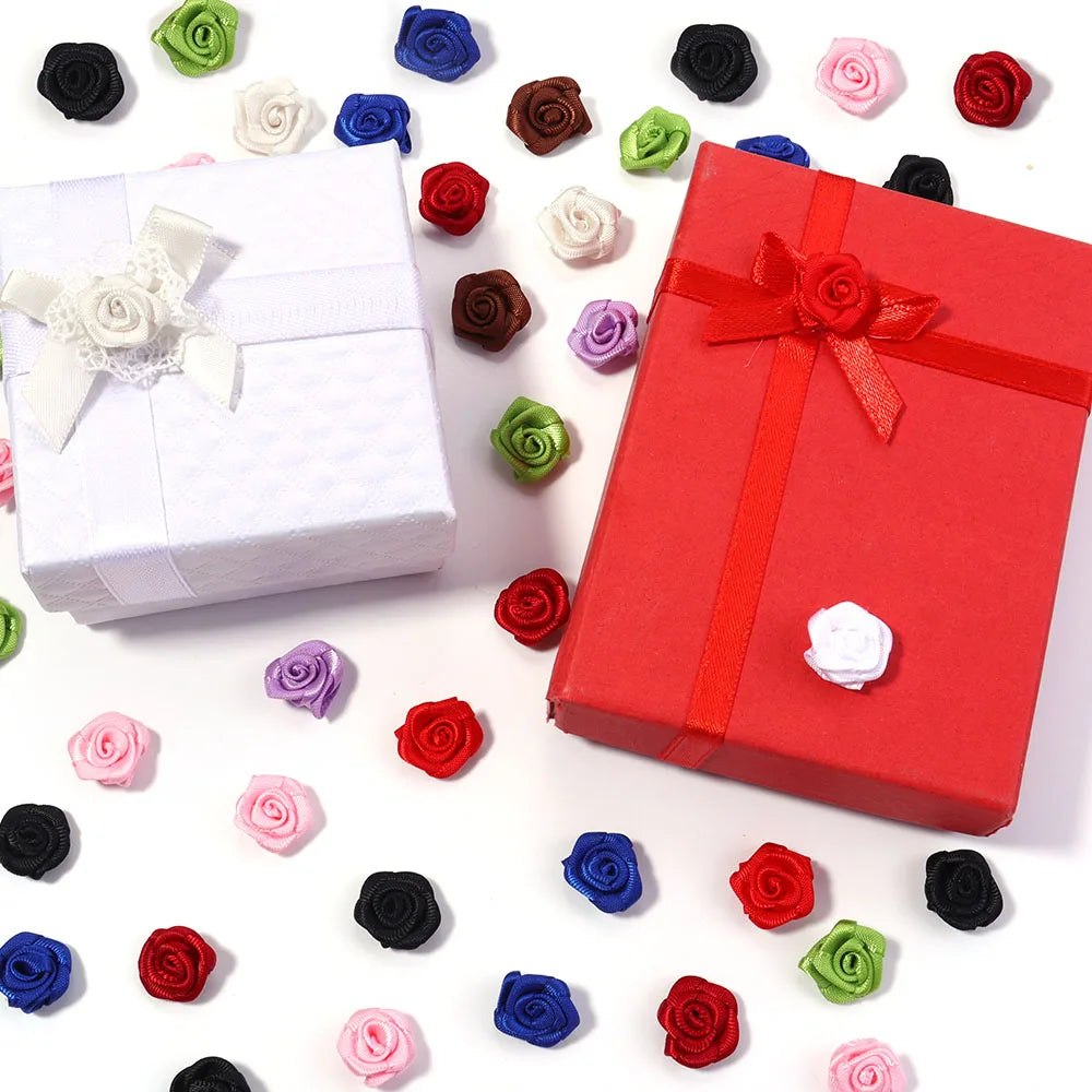 20Pcs/Lot Mini Handmade Rose Flower Satin Ribbon Rosettes Fabric Appliques For Wedding Decoration Craft Sewing Accessories