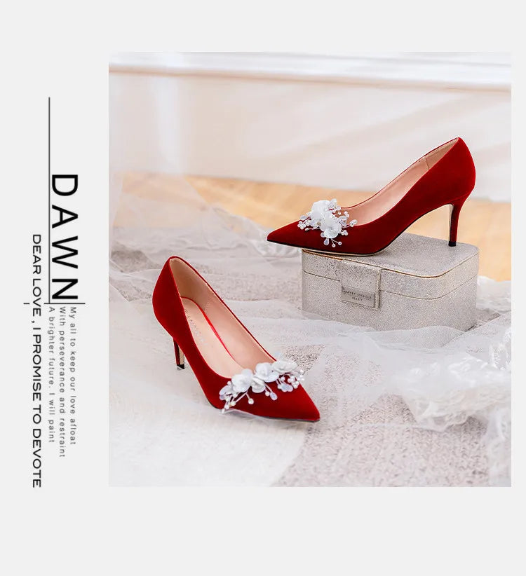 Wedding Shoes Women's 2024 Main Wedding Dress White High Heels Burgundy Xiuhe Bridal Shoes Mid Heel Plus Size Single Shoes