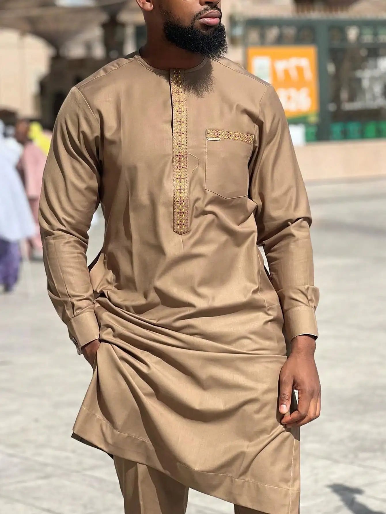 Kaunda Men's Suits Kaftan Outfits Round Neck Striped Print Long-sleeved African Ethnic Style Men's Sets Traditional Clothing