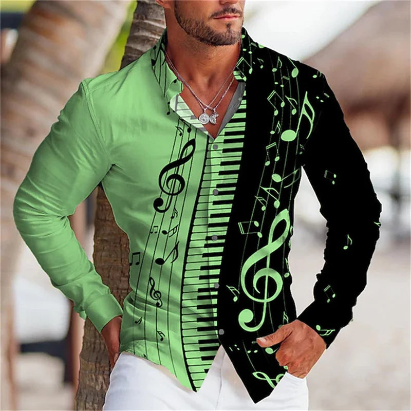 2023 Fashion Men's Shirt Music Note 3D Printing Lapel Button Top Long Sleeve Shirt Clothing Comfortable S-6XL