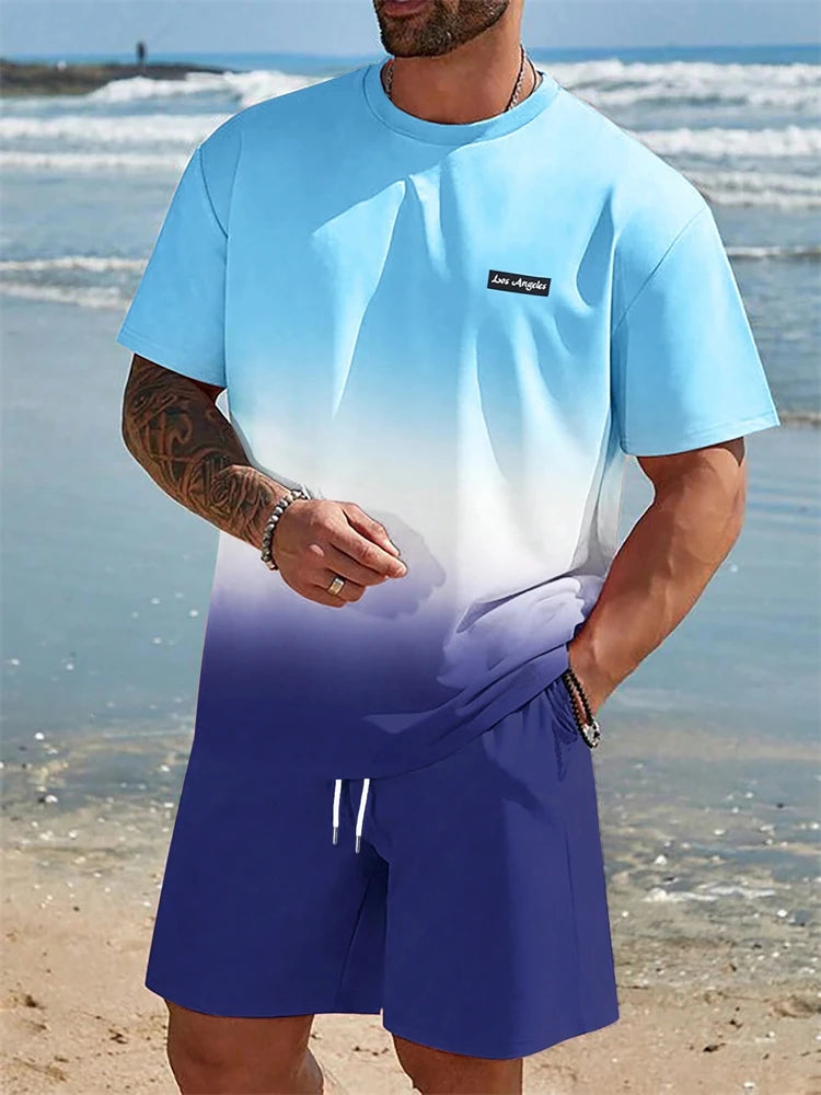 Summer Men's Suit Sportswear Fashion Casual Short Sleeve Vacation Style Gradient Printing Men's T-Shirt Shorts Suit Menswear