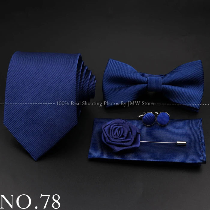 Hot Sale Red Blue Tie Set Polyester Slim Striped Necktie Bowtie Cufflink Brooch For Groom Suit Wedding Cravat Shirt Accessory
