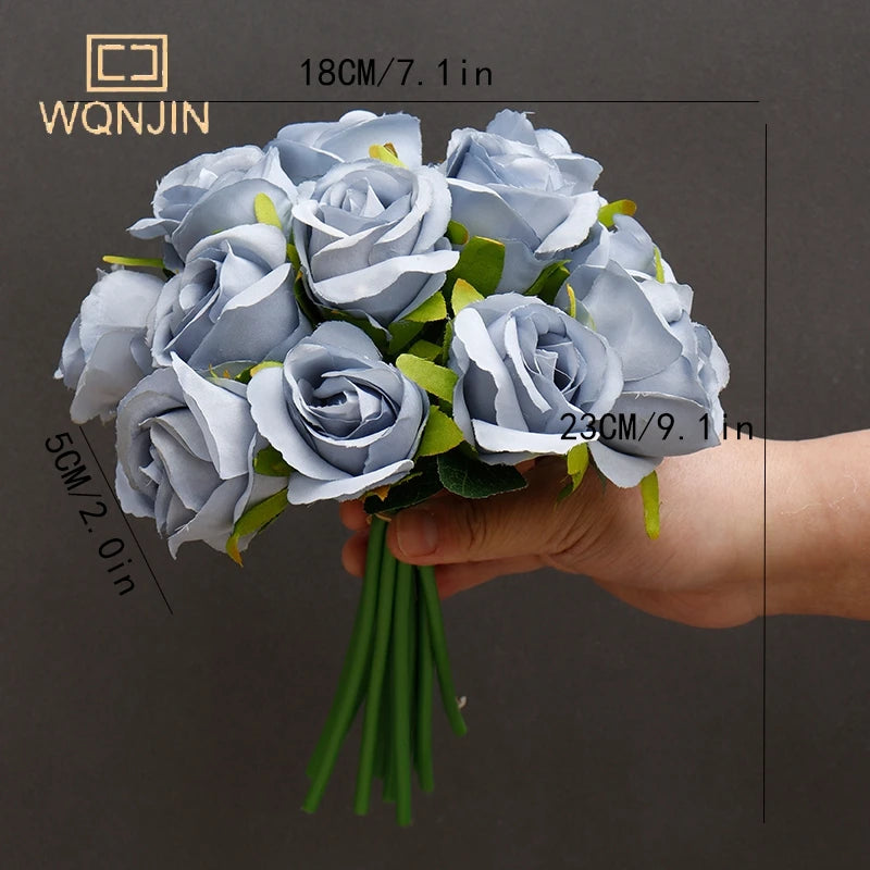 WQNJIN Artificial Flower Bouquet 12 Heads Silk Rose Blue Flower Fake Rose Bunch Wedding Party Home Table Gift Decoration