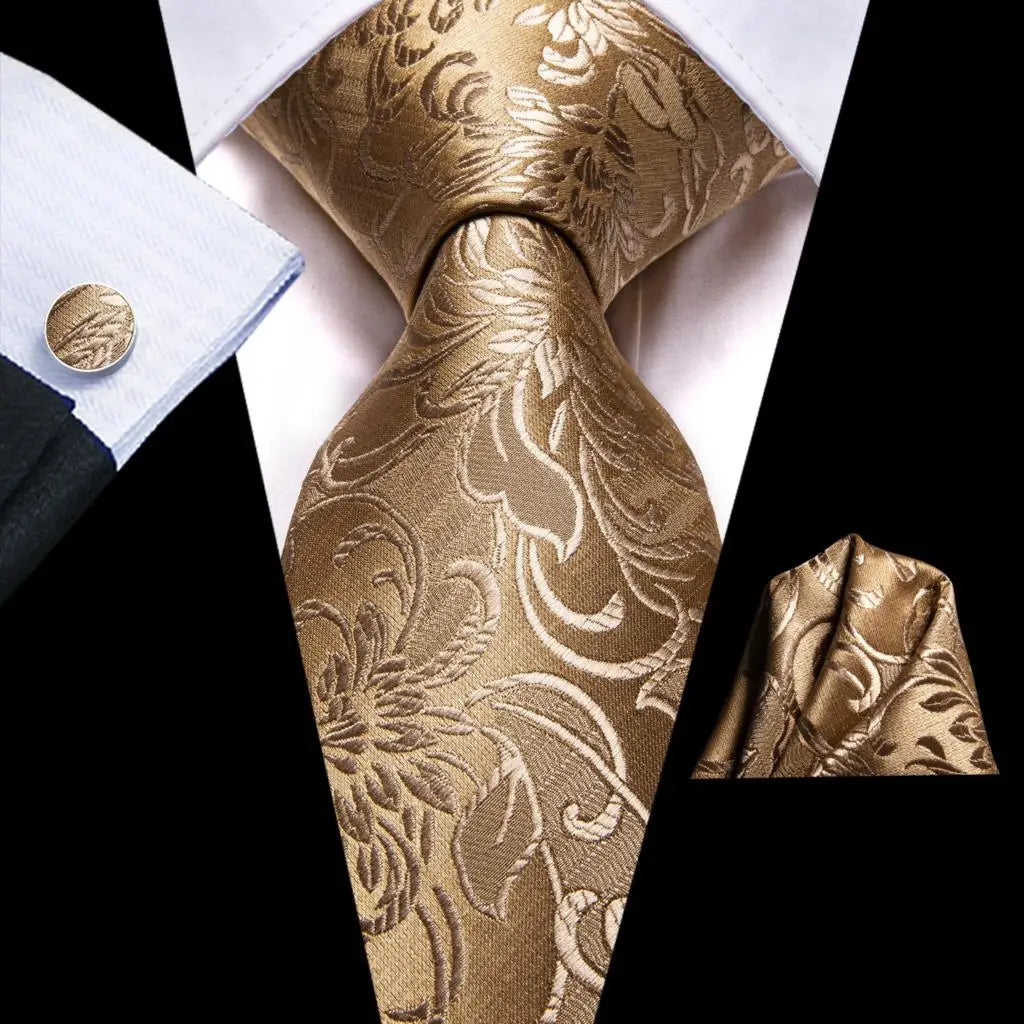 Barry.Wang Gold Beige Yellow Brown Tulip Silk Men Tie Handkerchief Cufflink Set Jacquard Necktie for Male Wedding Business Party