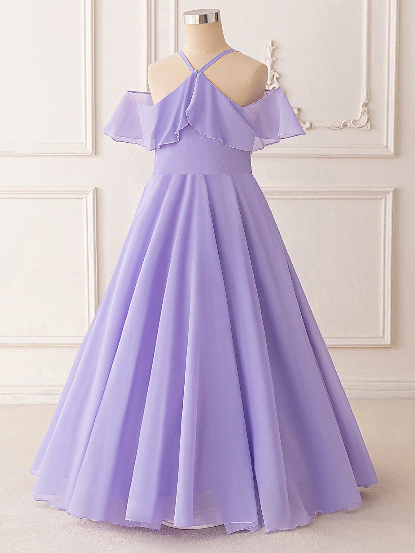 Ruffle Girls Party Bridesmaid Strap Dress off Shoulder Long Wedding Princess Prom Dresses Kids Elegant Beach Birthday Evening