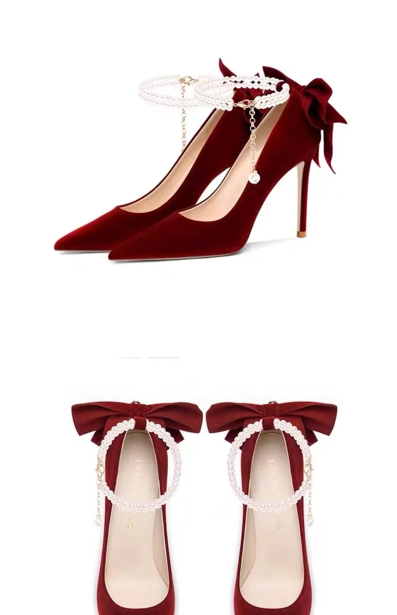 Red Xiuhe wedding shoes new pointy stiletto high heels female shallow mouth bow pearl one word buckle strap two wear bride shoes