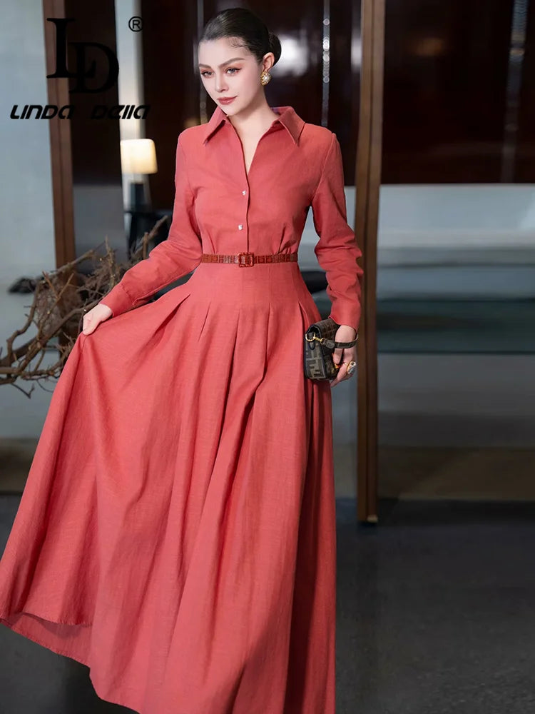 LD LINDA DELLA Elegant Commuter Solid Color Women's Dress Autumn Winter Turn-Down Collar Lace-UP linen long sleeves Dresses