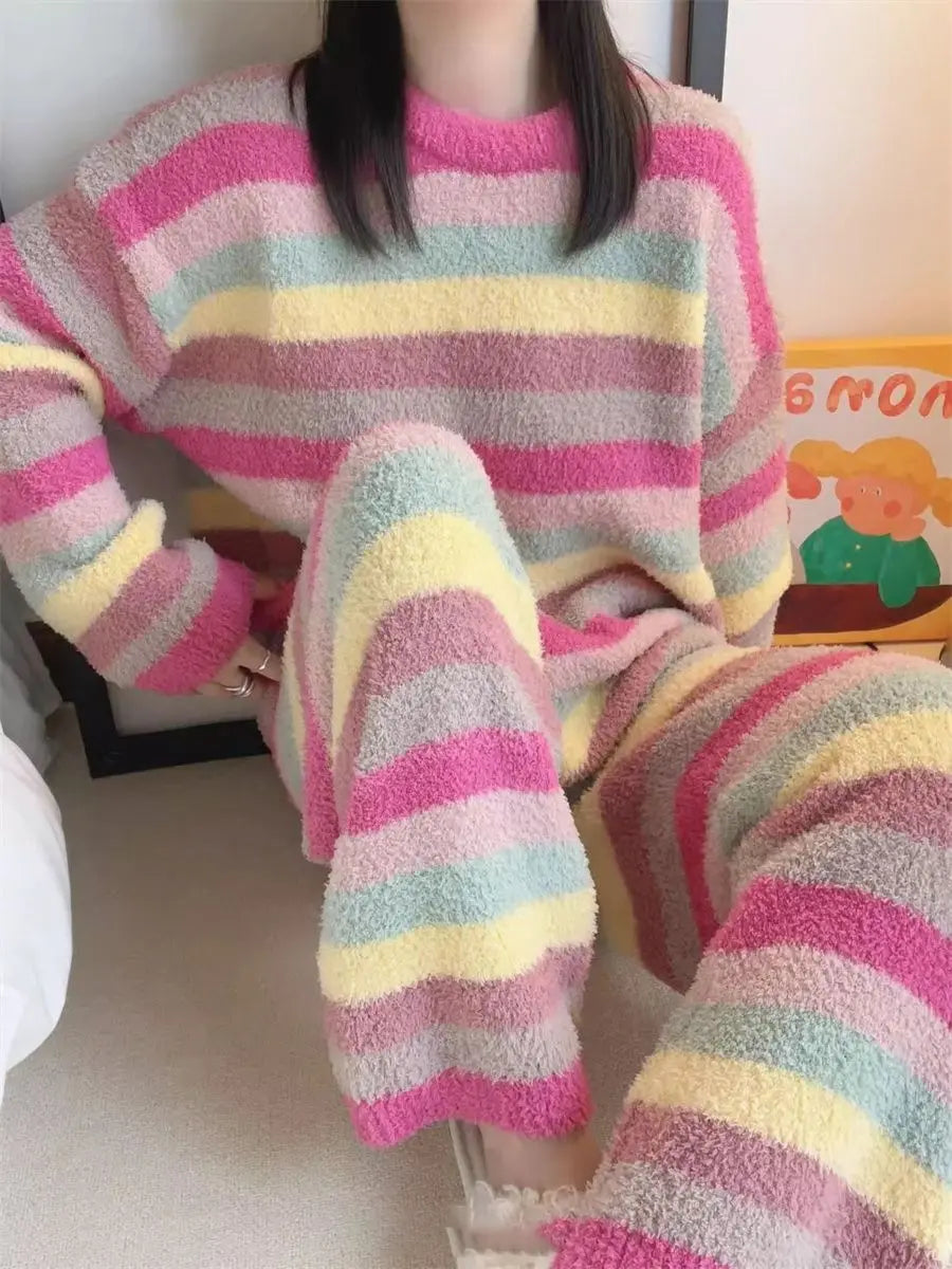 Winter Pajamas for Women: Cute Rainbow Pattern Korean Style Simple Half-Fleece Warm Pajamas Homewear Women's Winter Set