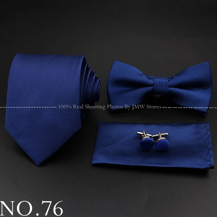 Hot Sale Red Blue Tie Set Polyester Slim Striped Necktie Bowtie Cufflink Brooch For Groom Suit Wedding Cravat Shirt Accessory