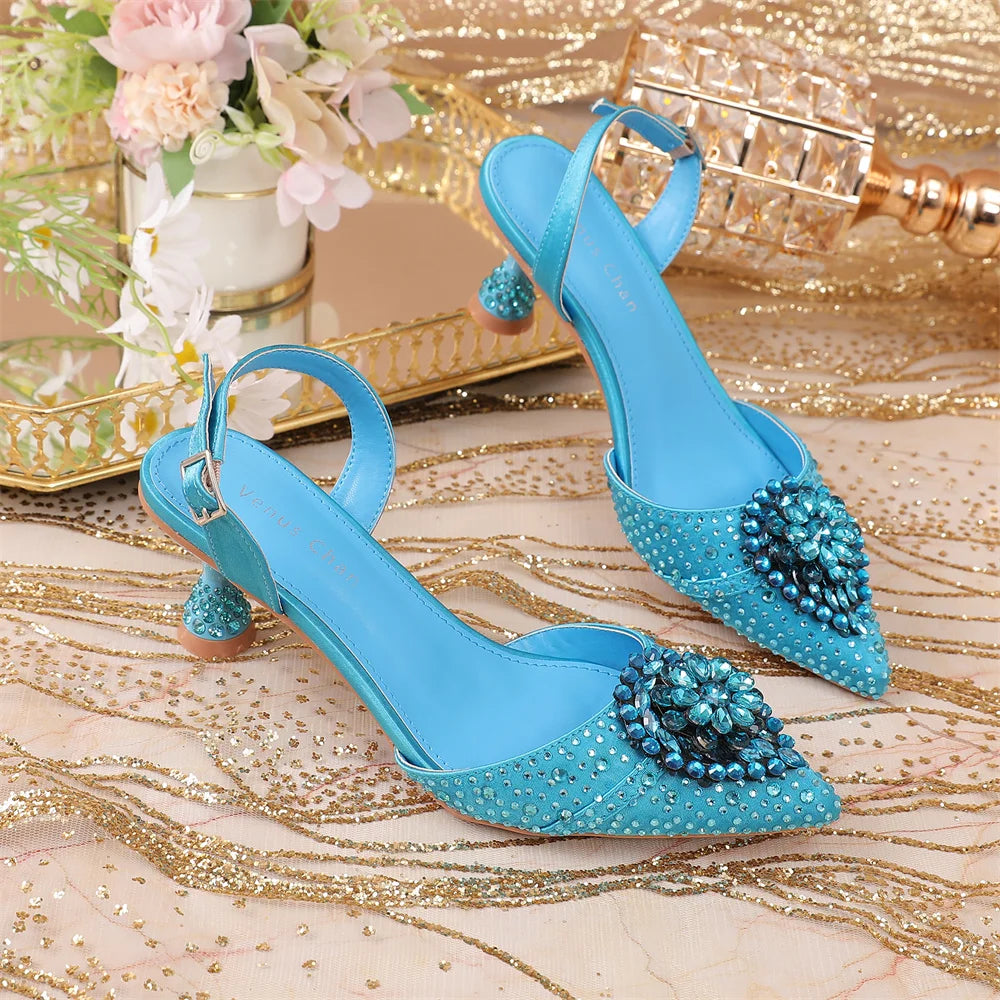Luxury Elegant High Heels Royal Blue Color Diamond Embellished Pointed Toe Women's Shoes for Wedding Party Casual 2025 Style