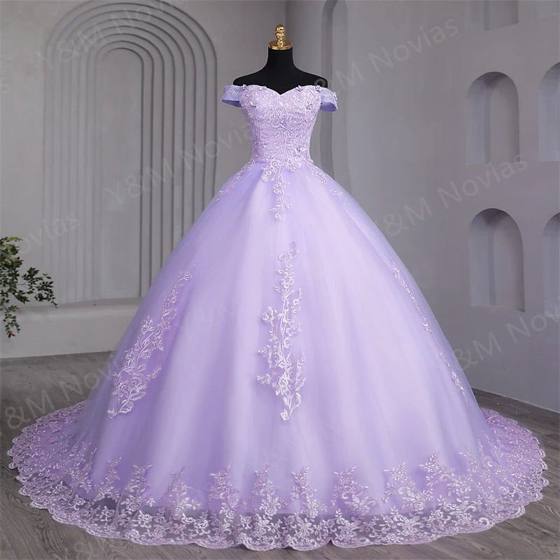 Customized Color Sweet 16 Dress Pink Off Shoulder Plus Size Vestido De Noiva Purple Quinceanera Dress Ball Gown Flower Women
