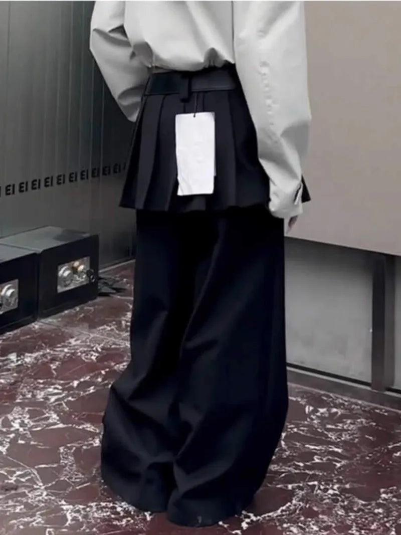 Fake Two-piece Wide Leg Pants for Women Korean Black Plain Cleanfit Casual Pleated Skirt Suit Trousers Streetwear 2025 New