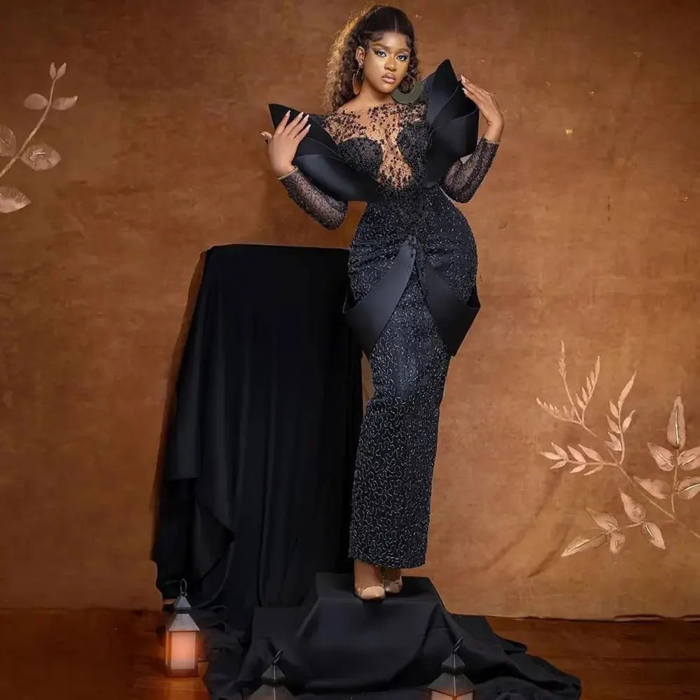 2025 Sexy African Evening Dresses for Women Mermaid Black Lace Prom Gowns Off Shoulder Wedding Dress robes de soirée Customized