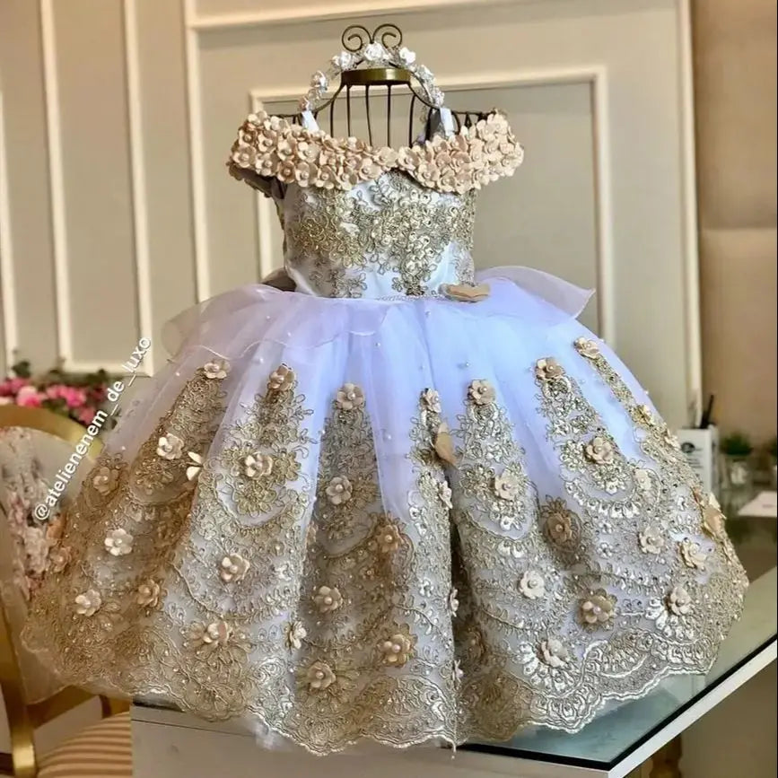 Gold Flower Girl Dress For Wedding Puffy 3D Applique Tulle With Pearl Princess Kids Birthday First Communion Ball Gown