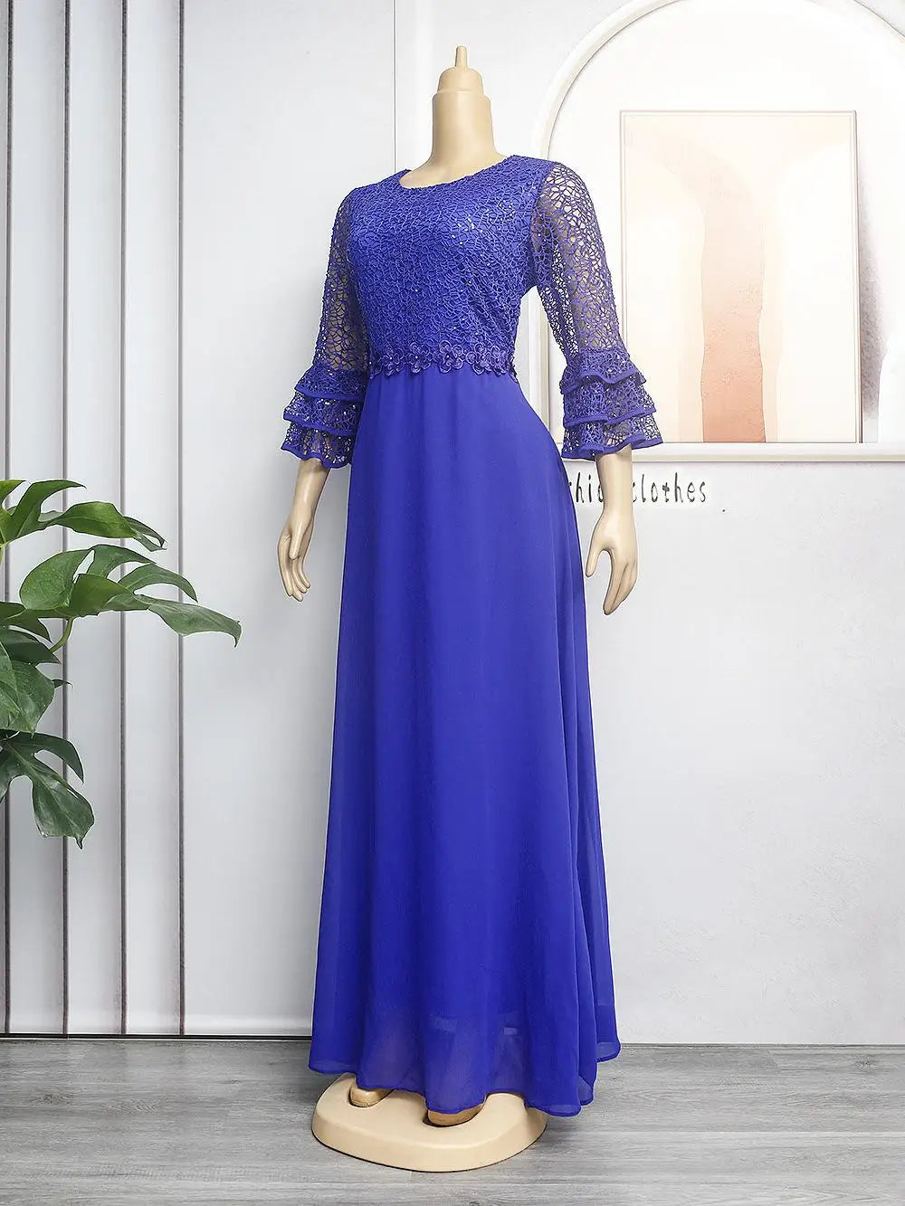 Muslim African Clothes Dresses Elegant Fashion Sequins Lace Ruffle Sleeve Clothing Evening Party Gown Women Plus Size Dresses