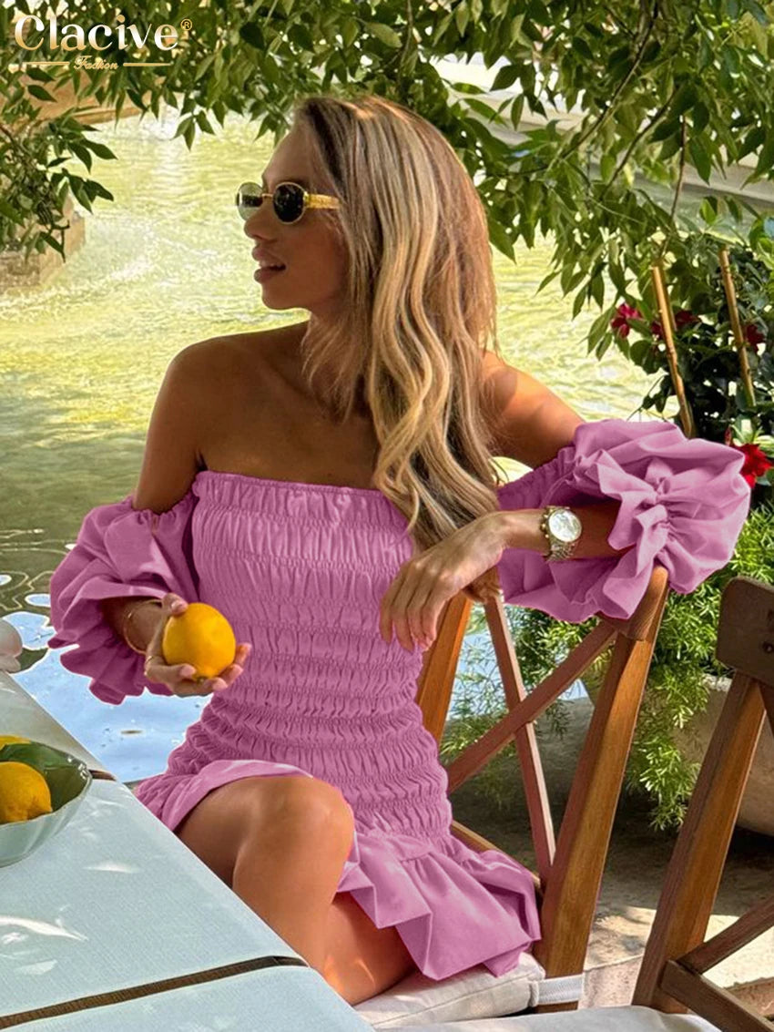 Clacive Bodycon Pink Linen Dress Ladies Sexy Chic Strapless Short Sleeve Mini Dress Elegant Pleated Party Dresses For Women 2025