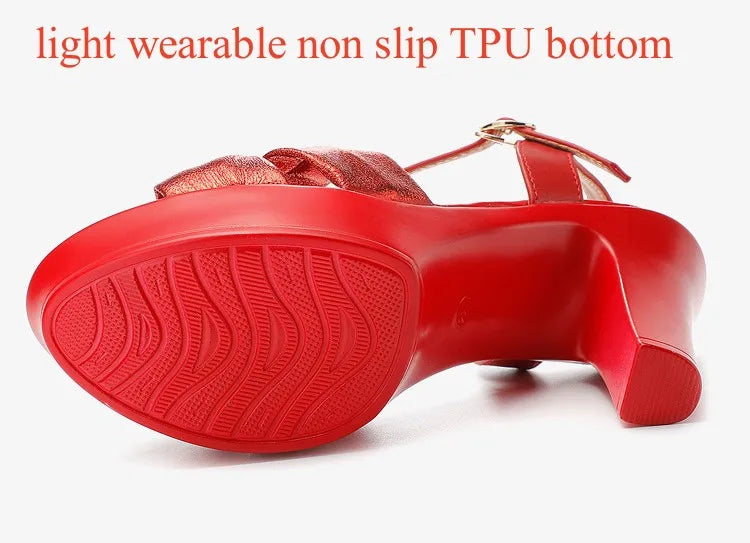 Plus Size 32-43 Elegant Silver Red Wedding Shoes Women Platform Sandals Summer 2025 Block High Heels Leather Sandals Model