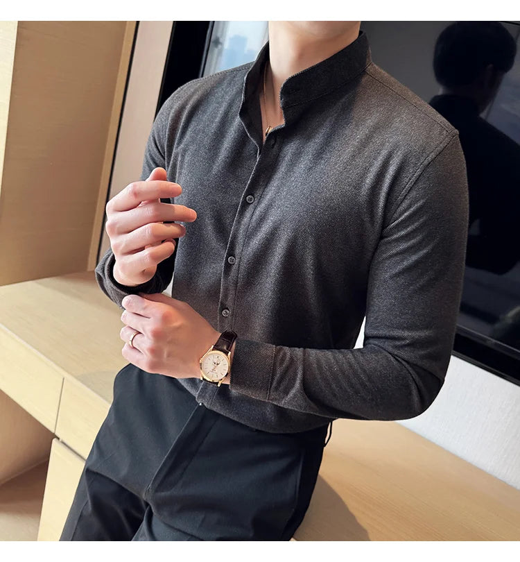 Winter Men Woolen Shirt with British Style Solid Casual Stand Up Collar Thick Warm Wool Formal Dress Shirt Fashion Men Clothing