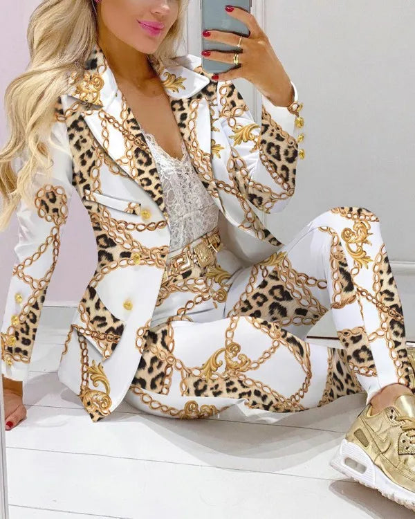 Fashion Butterfly Print Blazer Suit and Pants Two Piece Set for Women 2023 Autumn Winter Outfit Office Lady Casual Clothing