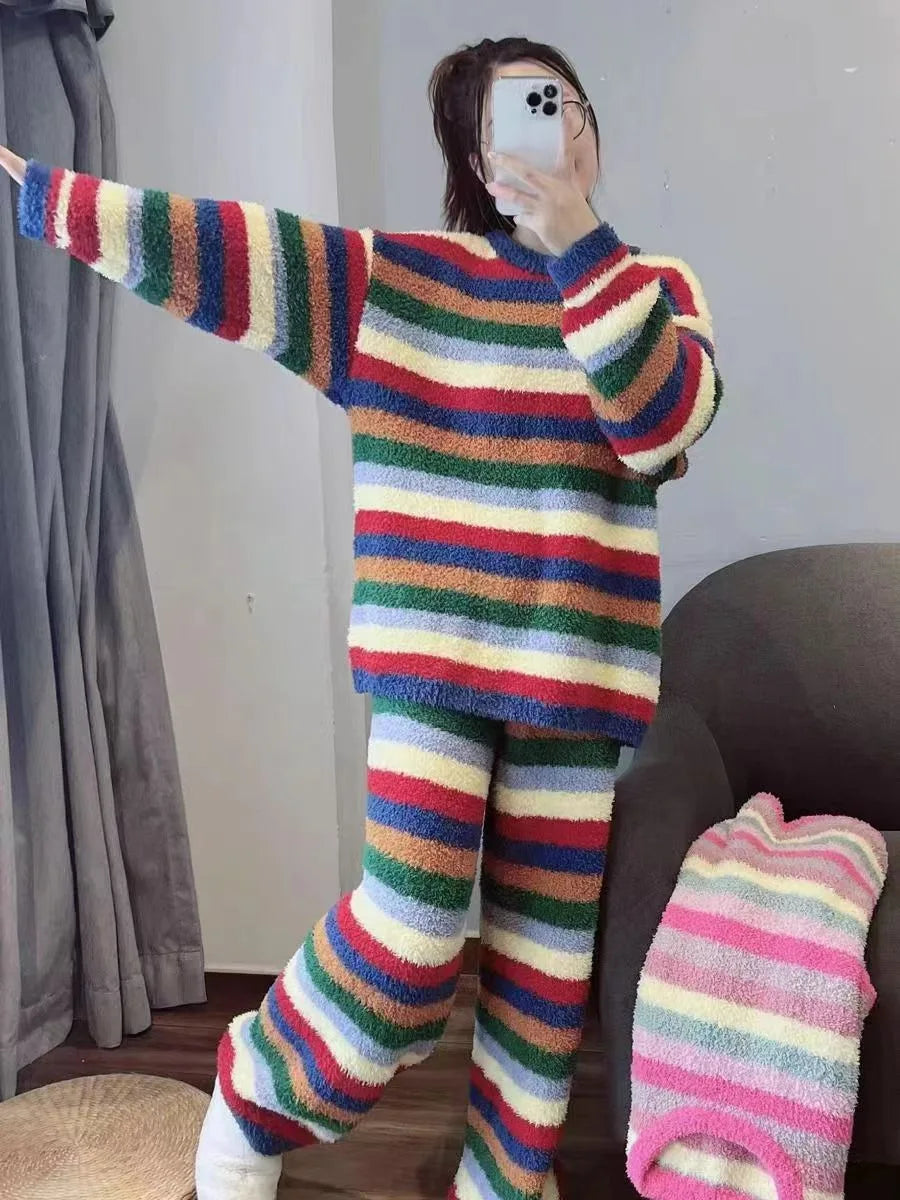 Winter Pajamas for Women: Cute Rainbow Pattern Korean Style Simple Half-Fleece Warm Pajamas Homewear Women's Winter Set